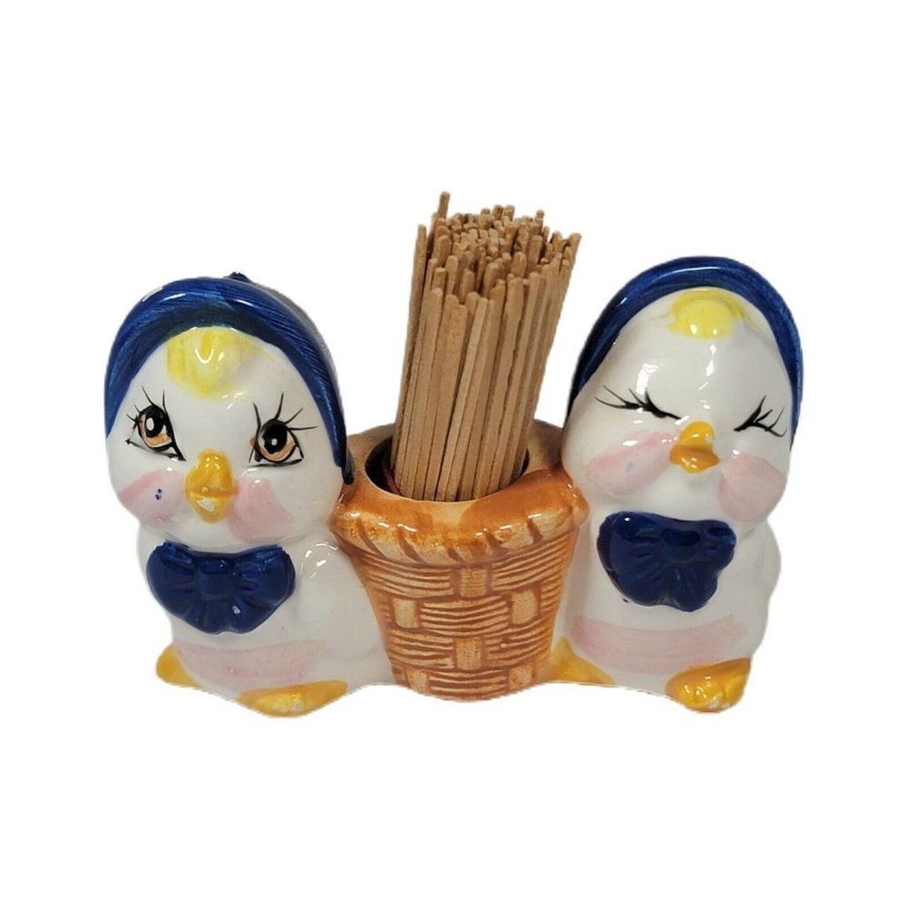 Anthropomorphic Baby Chicks Toothpick Holder Ceramic Blue Bonnet White Vintage